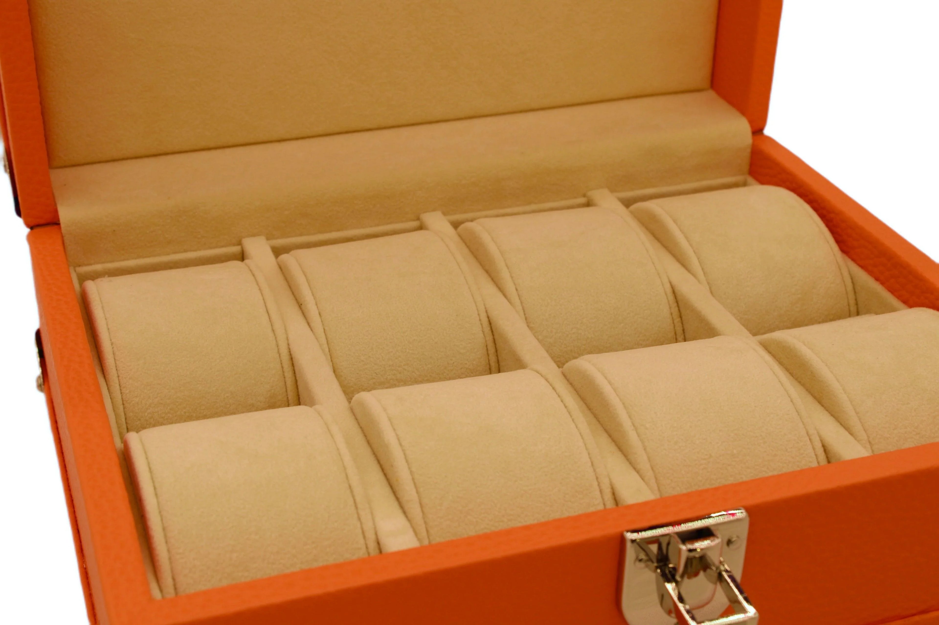 Orange leather watch box with beige velvet interior and individual compartments