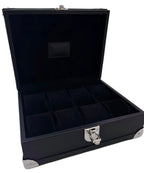 Luxury black leather watch box with open lid and metal clasp, featuring multiple compartments.