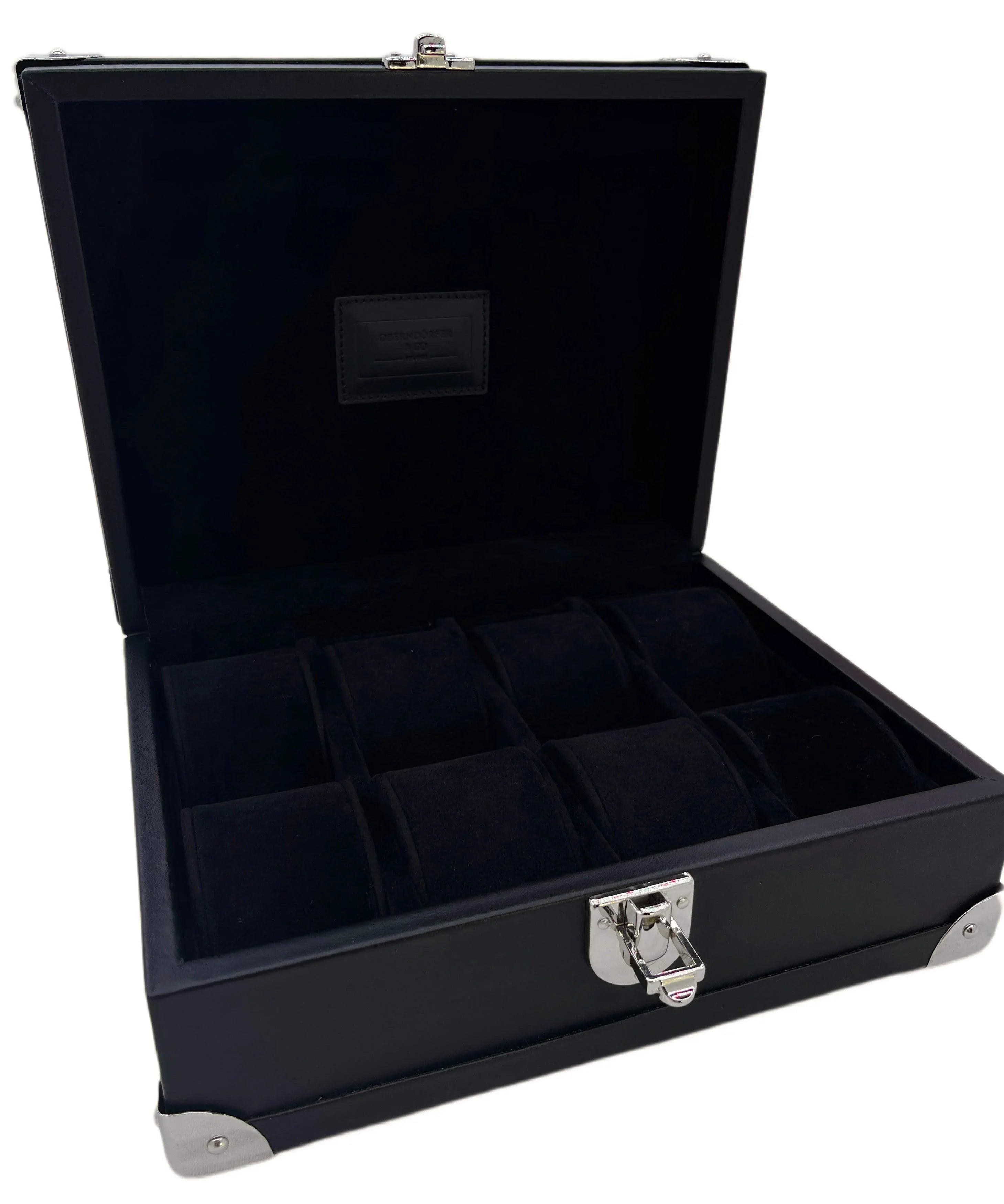 Luxury black leather watch box with open lid and metal clasp, featuring multiple compartments.