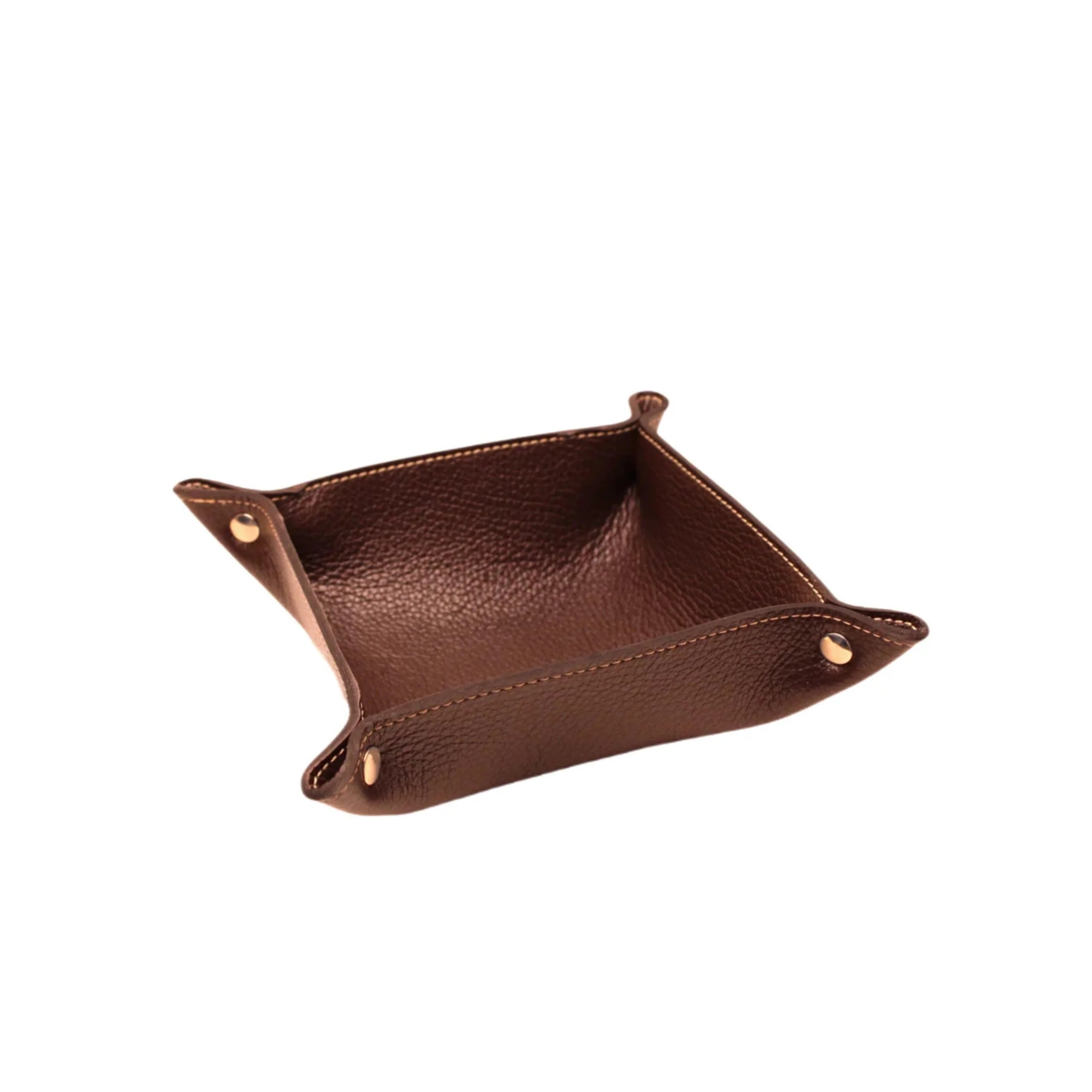 Brown leather valet tray with gold snap buttons, handcrafted, luxury accessory