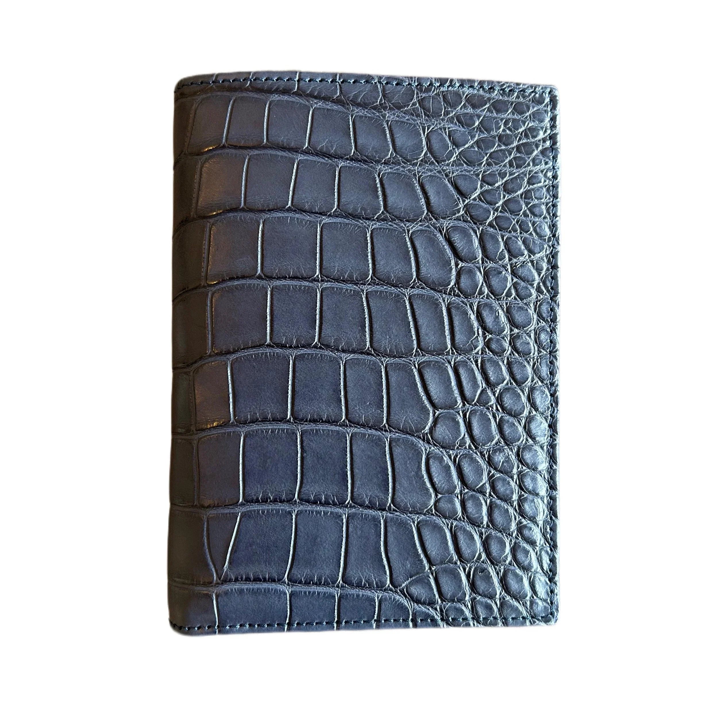 Luxury navy blue crocodile embossed leather wallet, handcrafted with Italian artisanship