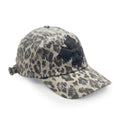 Three-quarter view of the leopard print washed cotton cap showing the black calf leather logo patch