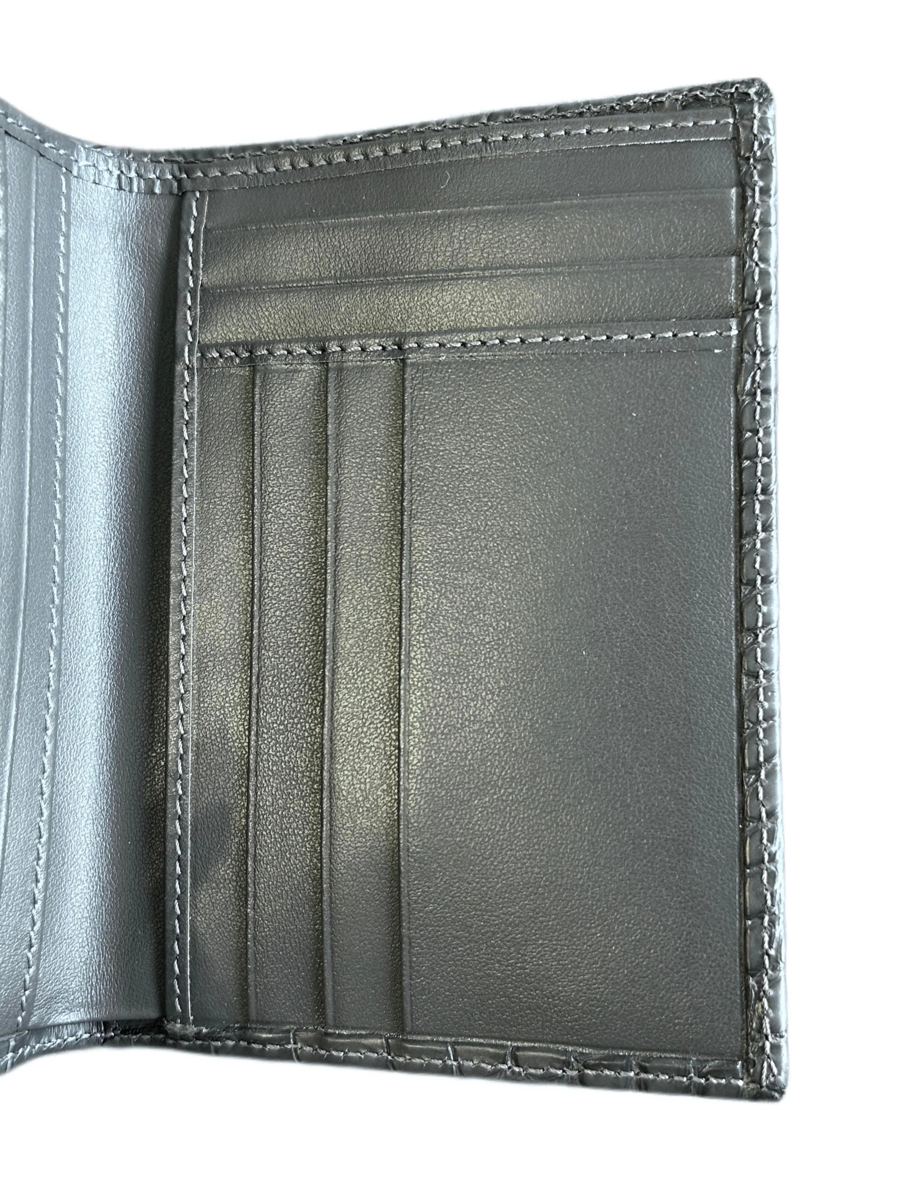 Gray handcrafted Italian leather wallet interior with multiple card slots