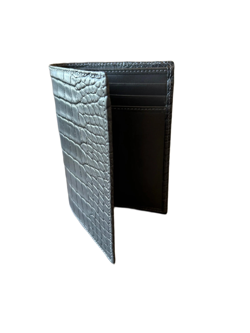 Luxury black crocodile-embossed leather wallet with card slots, handcrafted in Italy