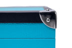 8-Place Watchbox in turquoise and black leather, interior showing memory foam pillows