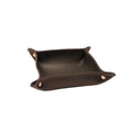 Handcrafted Italian leather valet tray with snap buttons and visible stitching on white background