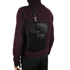 Black crocodile leather bag with palladium hardware and flat shoulder strap - authentic exotic leather bag Italy
