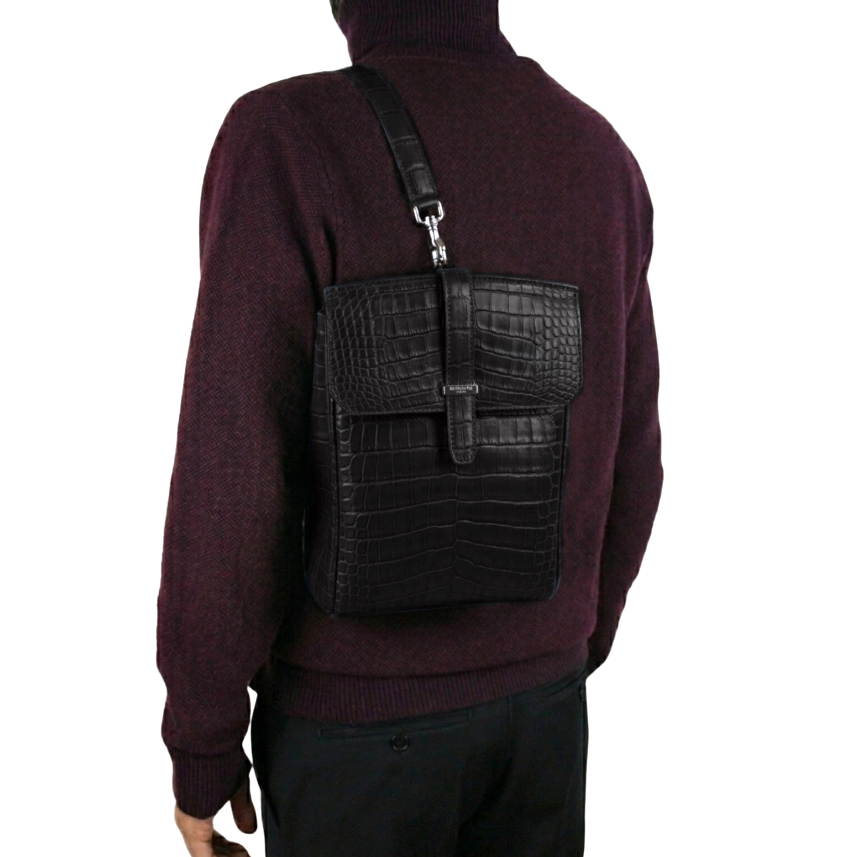 Black crocodile leather bag with palladium hardware and flat shoulder strap - authentic exotic leather bag Italy
