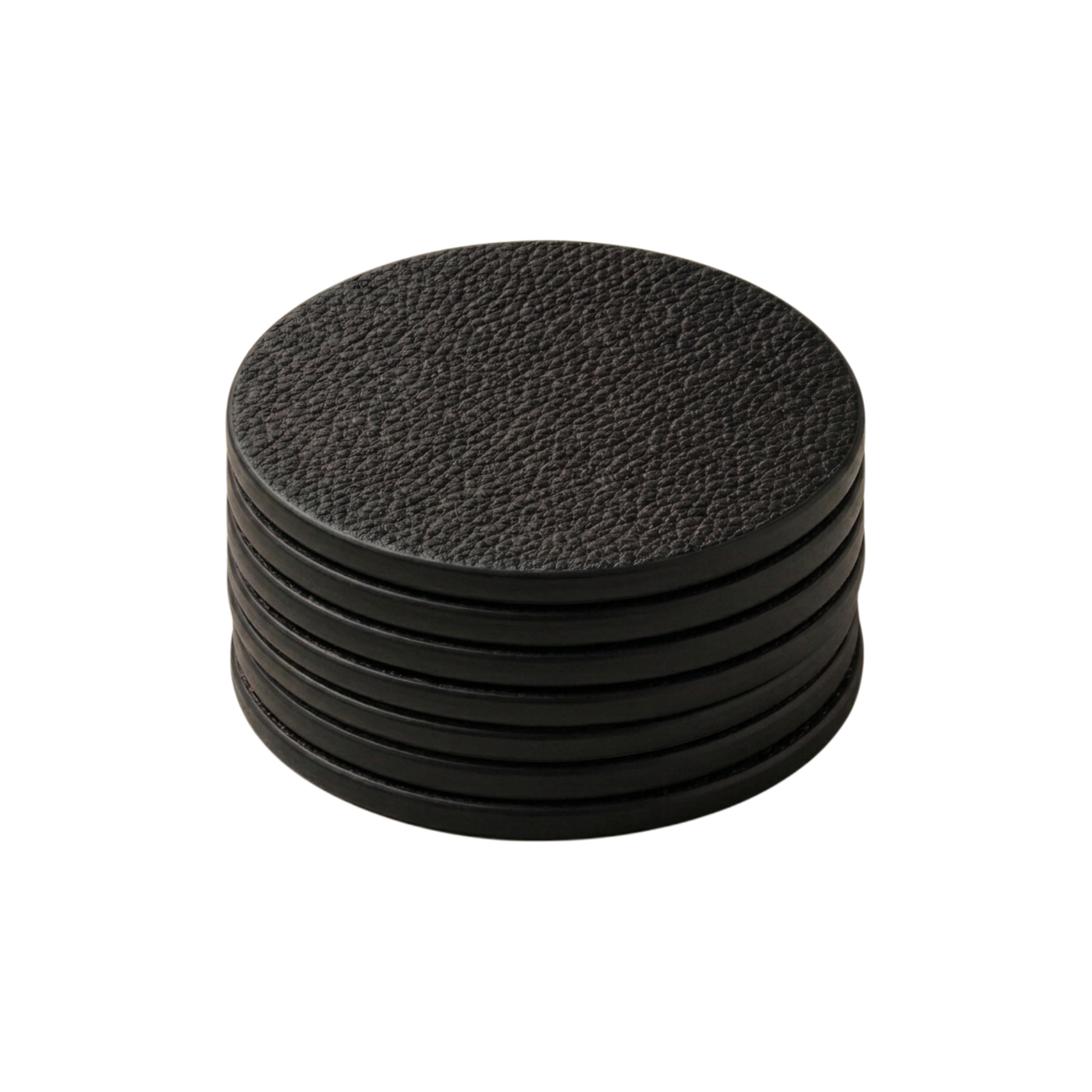 Set of 7 black full-grain calf leather coasters stacked - Italian leather coaster set handmade in Italy by Oberndörfer Milano