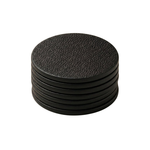 Set of 7 black full-grain calf leather coasters stacked - Italian leather coaster set handmade in Italy by Oberndörfer Milano