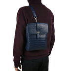 Blue crocodile leather bag with palladium hardware and flat shoulder strap - authentic exotic leather bag Italy