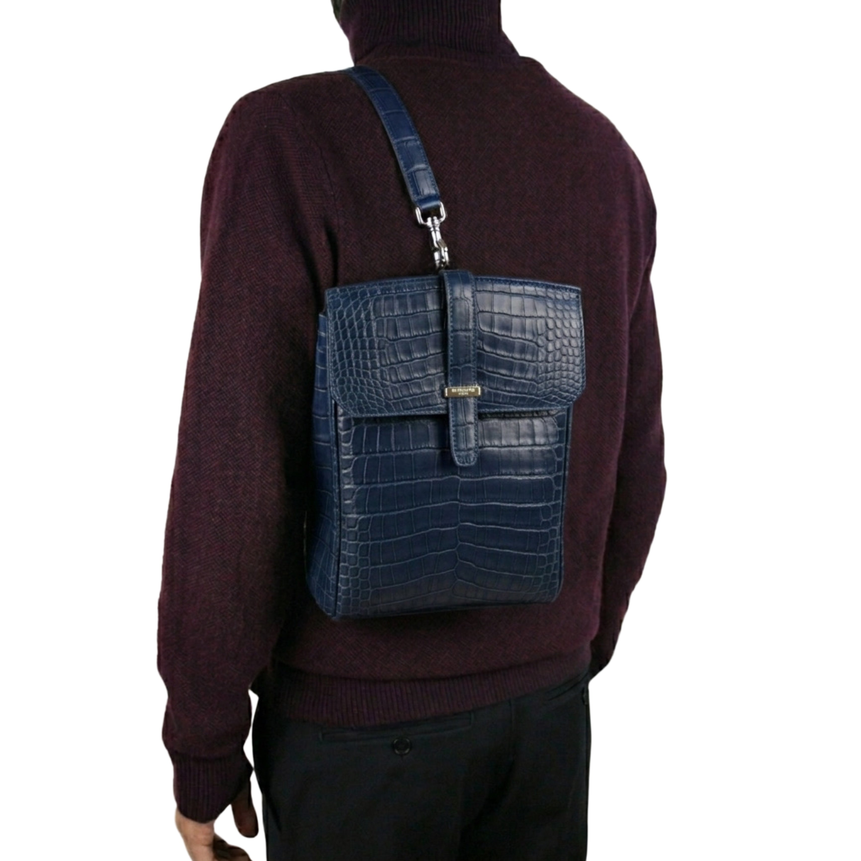 Blue crocodile leather bag with palladium hardware and flat shoulder strap - authentic exotic leather bag Italy