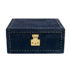 Blue leather box with gold accents on a white background