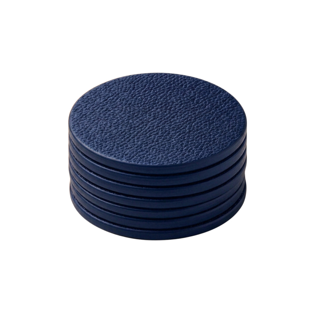 Set of 7 blue full-grain calf leather coasters stacked - Italian leather coaster set handmade in Italy by Oberndörfer Milano
