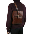 Brown crocodile leather bag with palladium hardware and flat shoulder strap - authentic exotic leather bag Italy