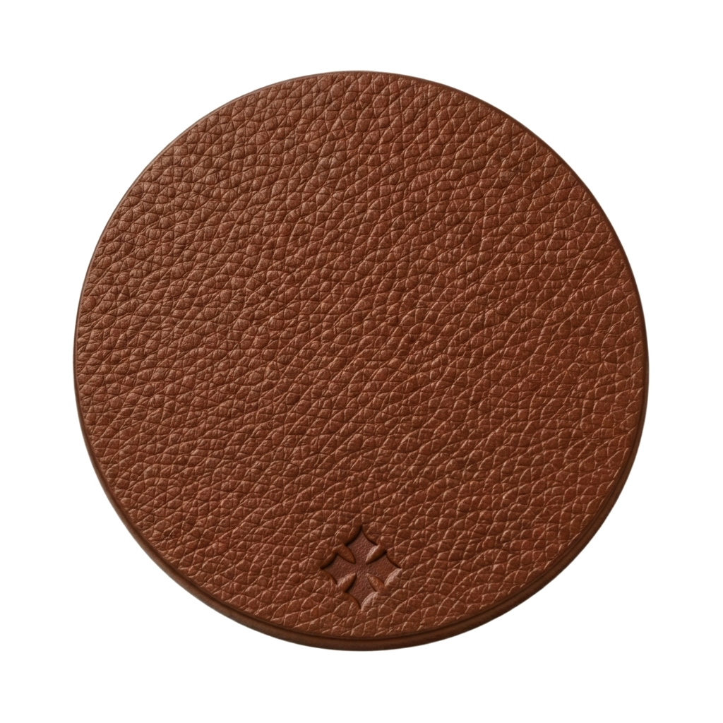 Single round brown pebbled calf leather coaster back, Italian full-grain leather coaster, Oberndörfer Milano made in Italy
