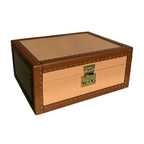 Brown leather storage box with gold latch on a white background