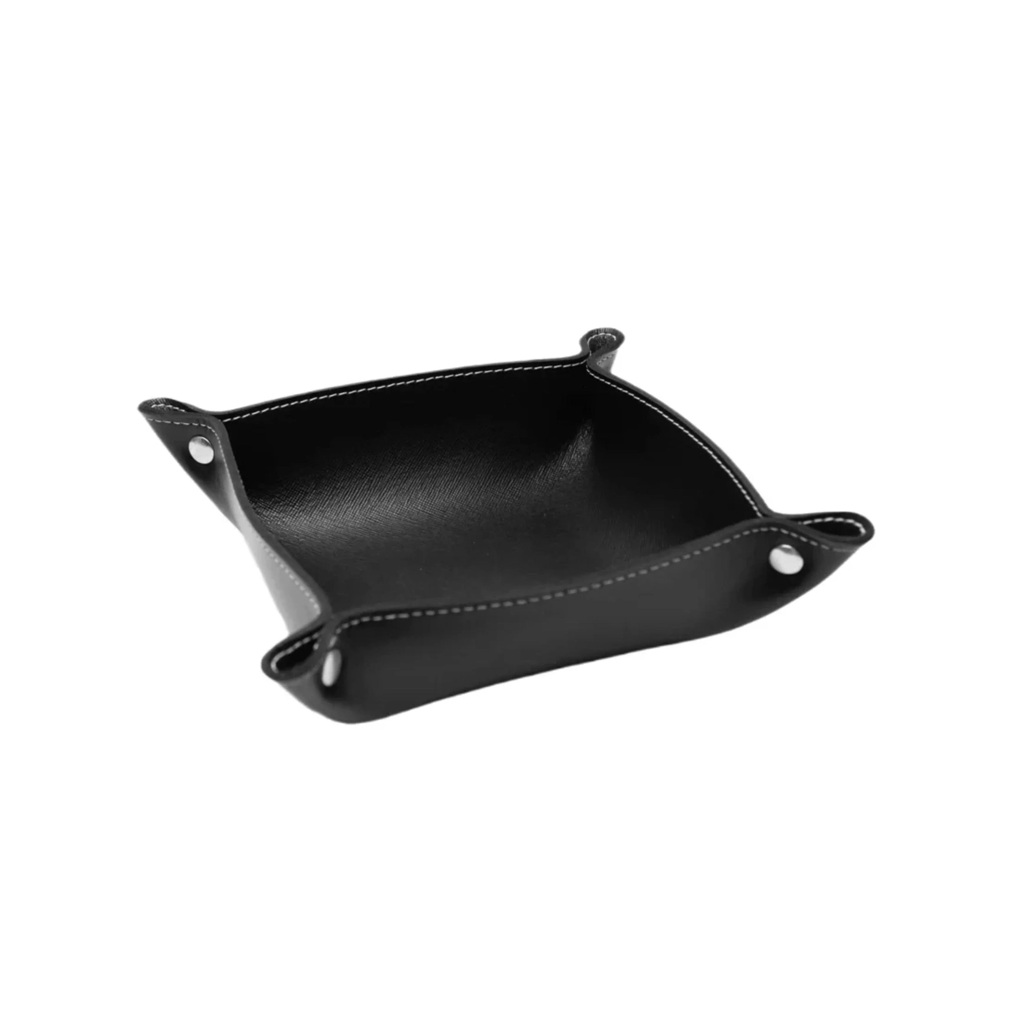 Black leather valet tray with white stitching and snap button corners on a white background.