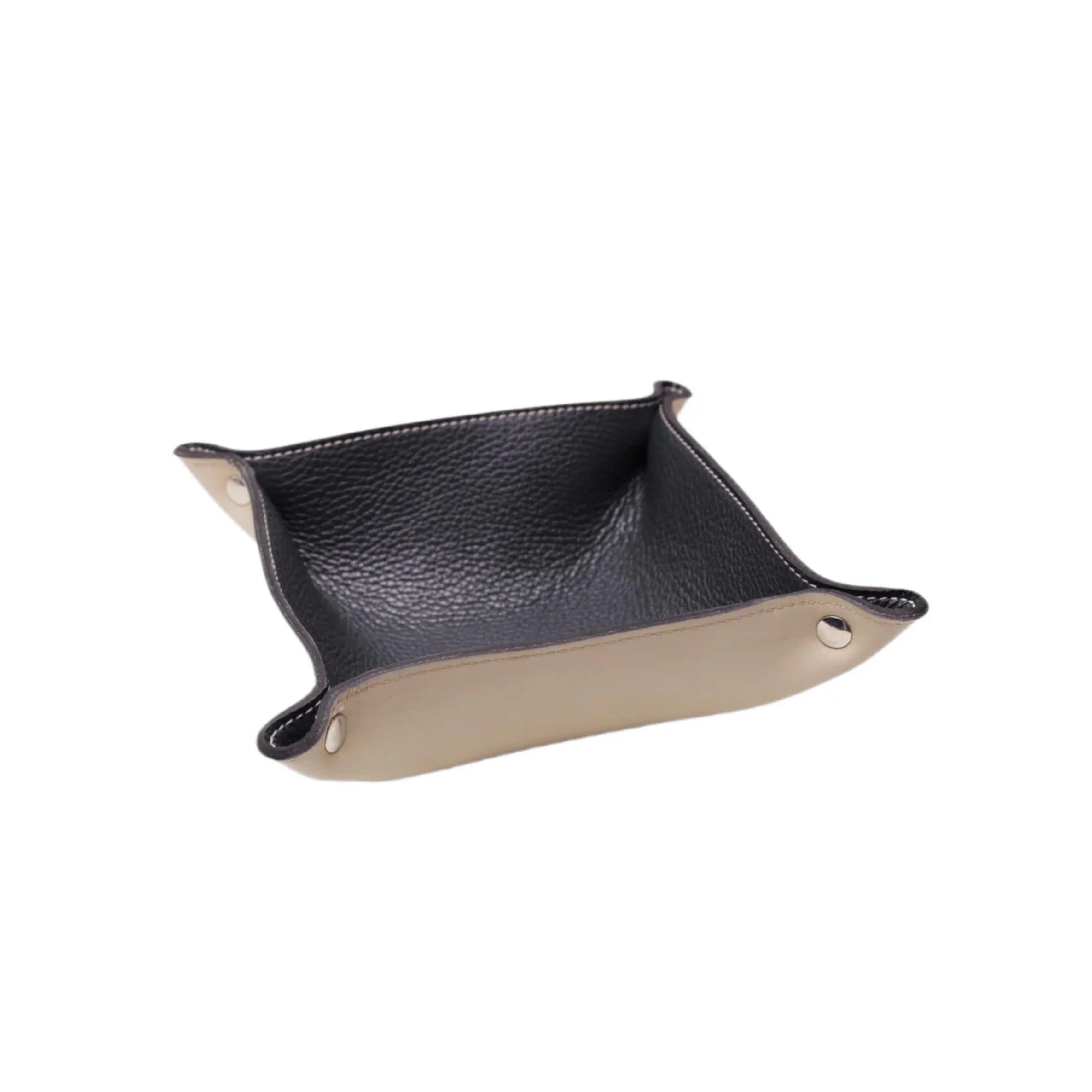 Handcrafted Italian leather valet tray in black and beige with metal snap corners