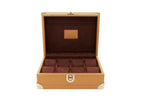 Handcrafted tan leather watch box with brown suede interior and compartments