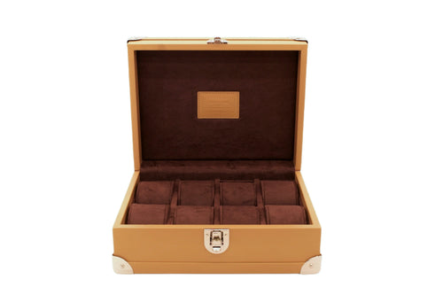 Handcrafted tan leather watch box with brown suede interior and compartments