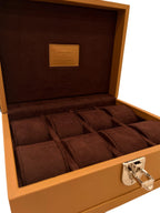 Luxury brown suede leather watch storage box with lock and multiple compartments