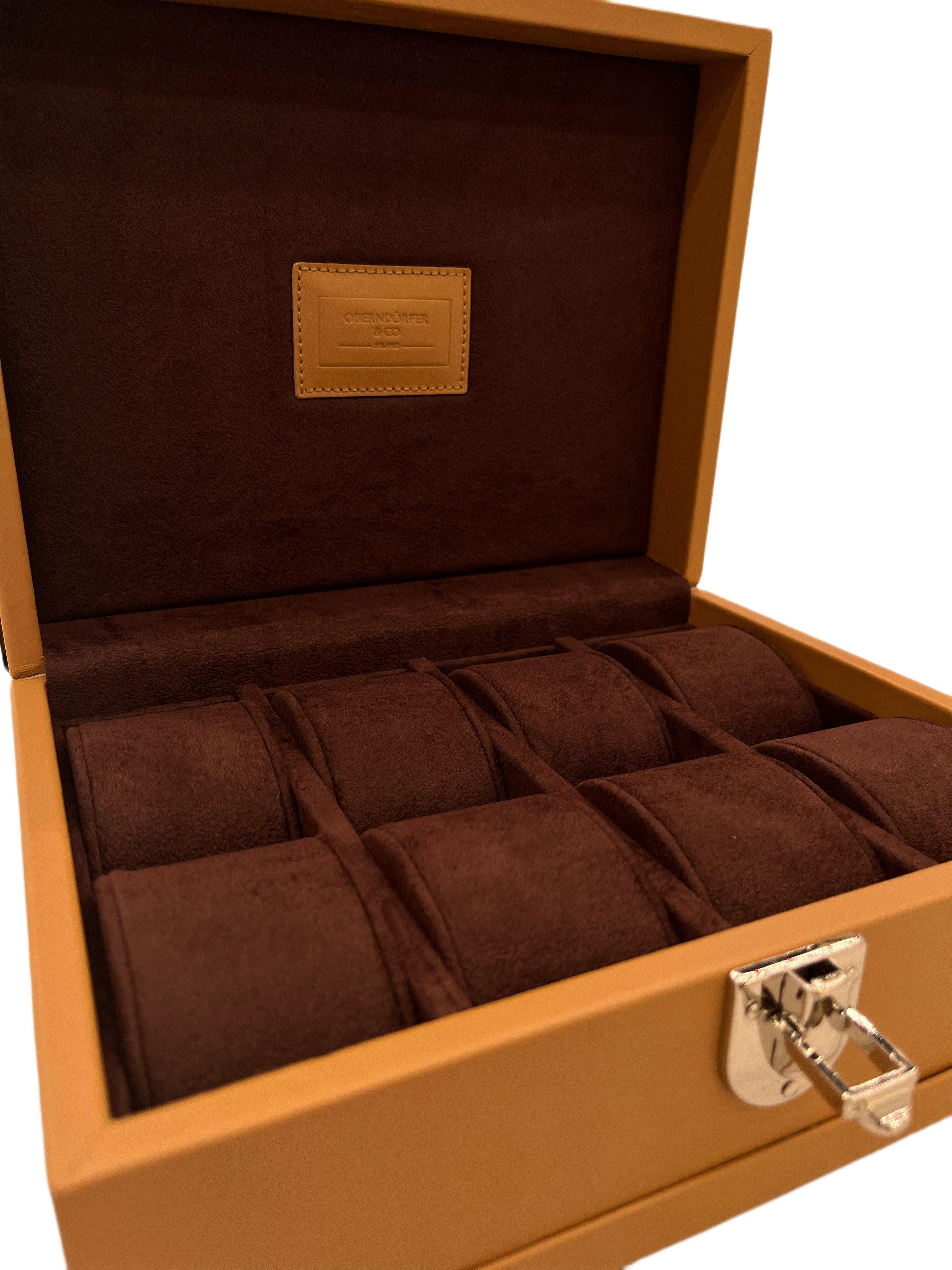 Luxury brown suede leather watch storage box with lock and multiple compartments