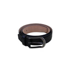 Black leather belt angled view on display