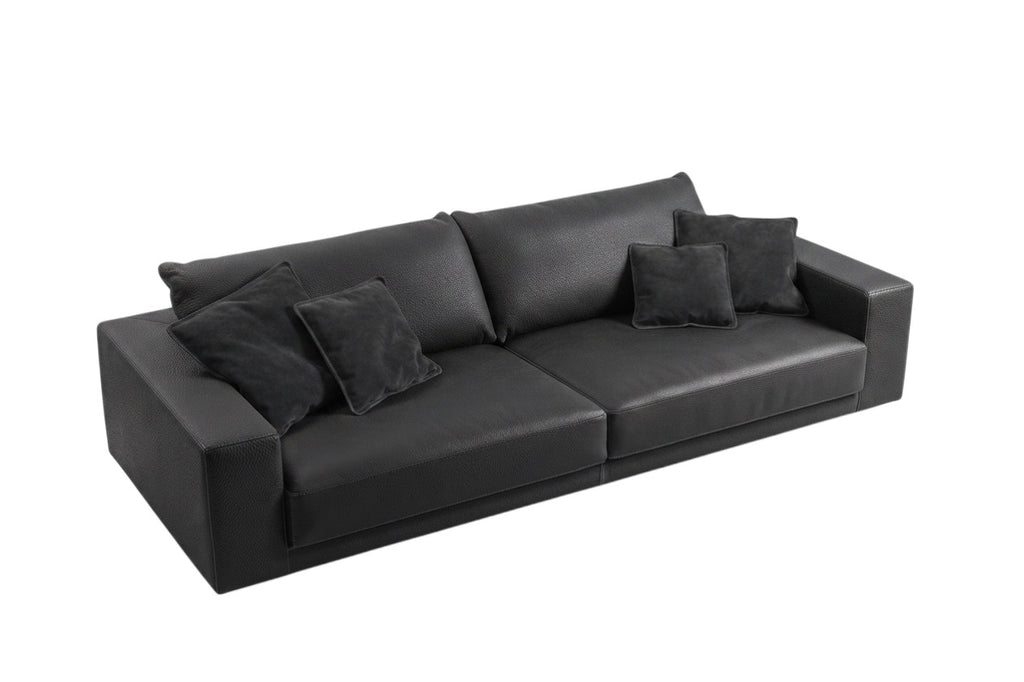 A modern two-seater sofa upholstered in black leather, featuring four matching black throw pillows, shown from a three-quarters angle on a plain white background.