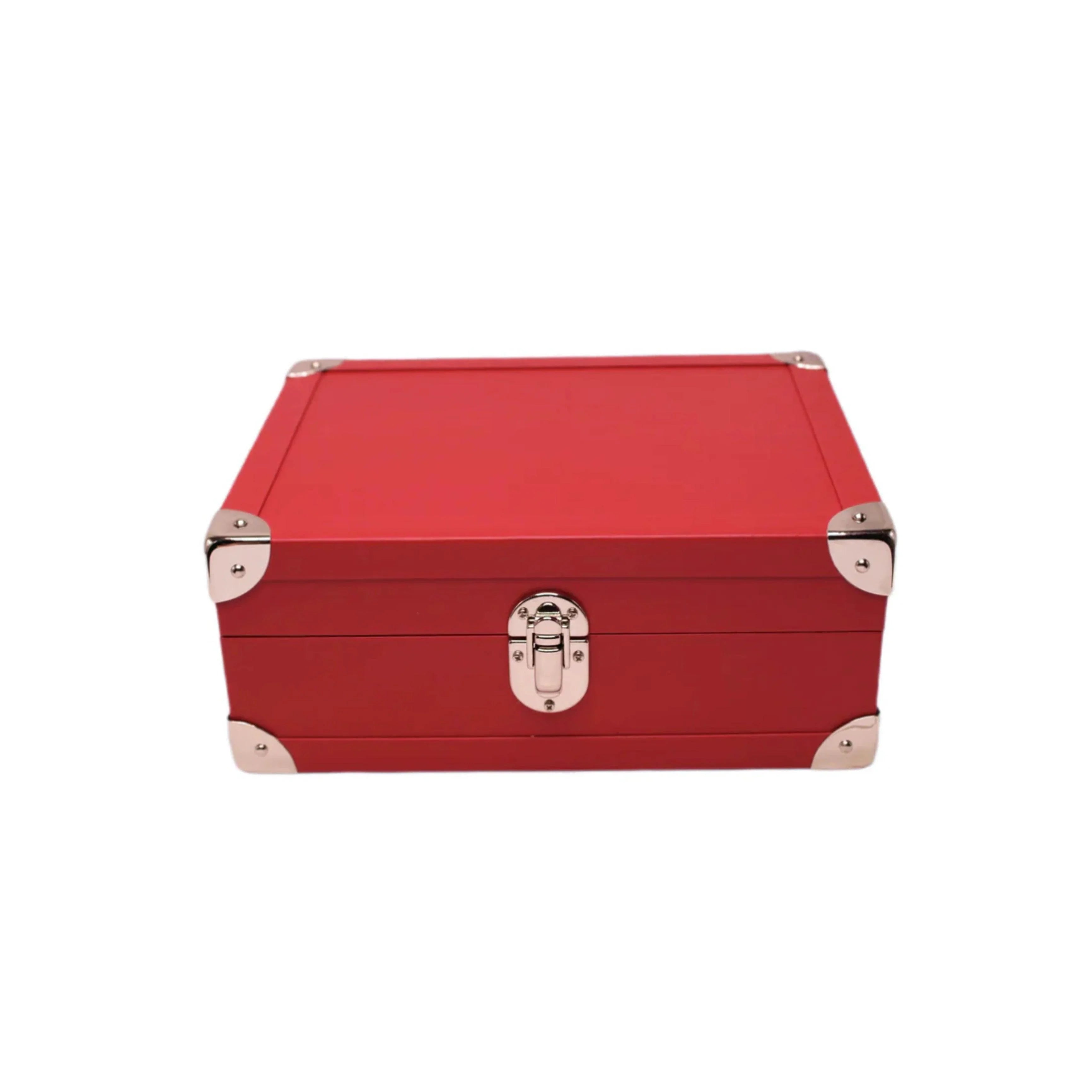 Red luxury leather box with silver metal corners and clasp on white background