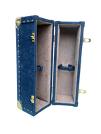 Wine Holder Leather Box open at an angle showing brass latches and suede-lined interior