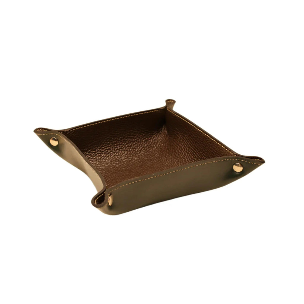 Brown handcrafted leather valet tray with gold snap buttons, luxury Italian design