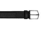 Black leather belt coiled showing squared metal buckle