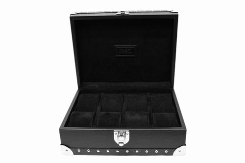 8-Place Watchbox in black leather with brass stud detail, closed exterior view