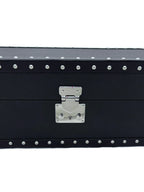 Black leather box with silver metal studs and latch, luxury handcrafted design