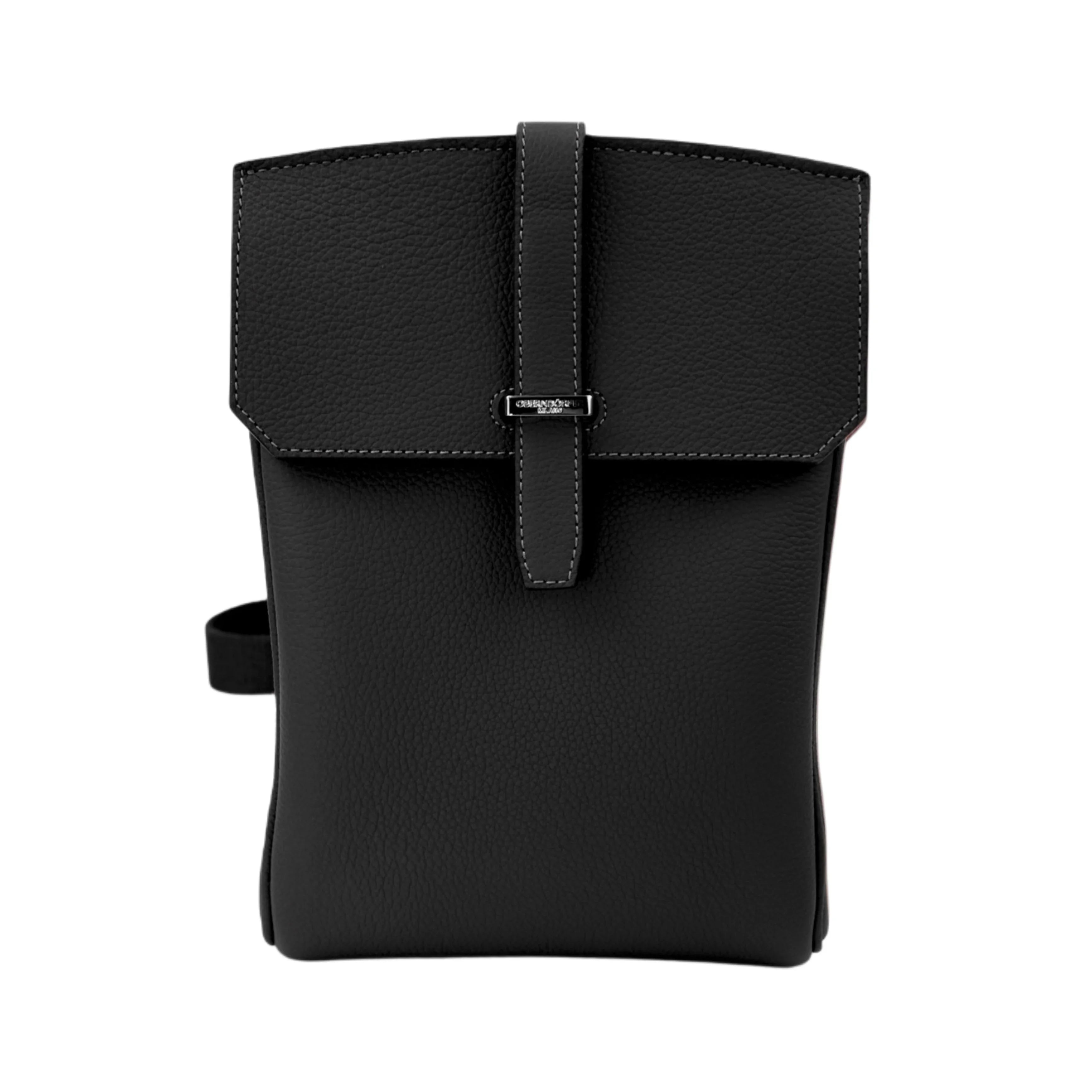 Black leather bag with a strap on a white background