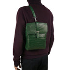 Green crocodile leather bag with palladium hardware and flat shoulder strap - authentic exotic leather bag Italy