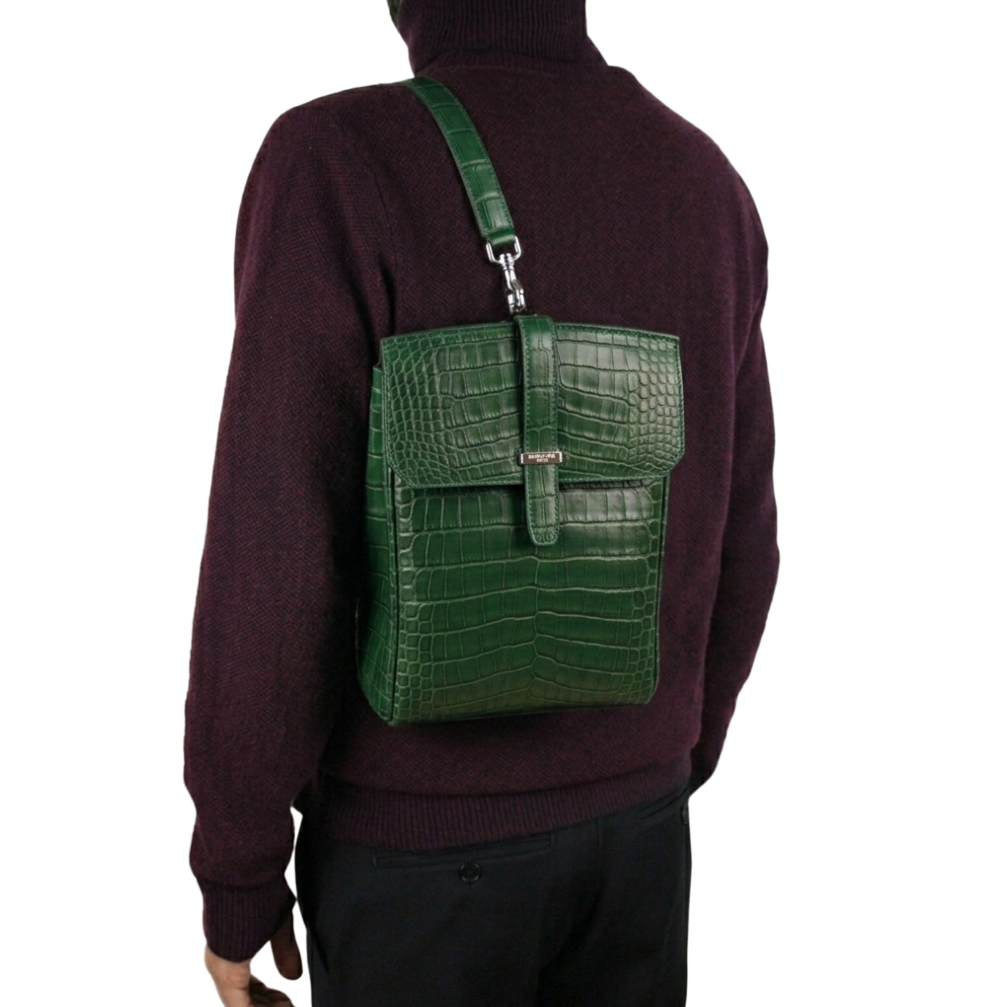 Green crocodile leather bag with palladium hardware and flat shoulder strap - authentic exotic leather bag Italy