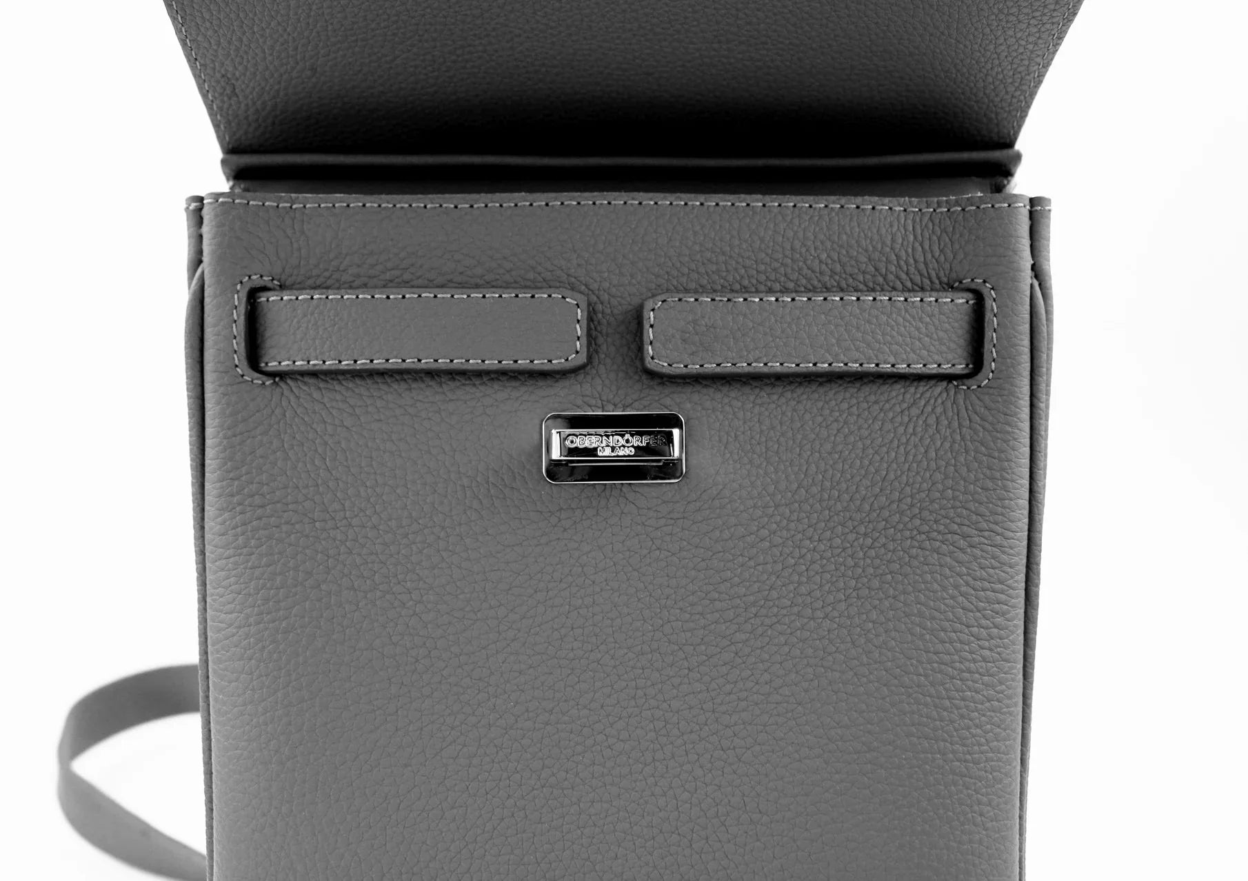 Gray handbag with a visible brand logo on a white background