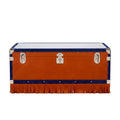 Orange full-grain calf leather table trunk with blue nubuck trim and leather fringe - handmade Italian leather table trunk by Oberndörfer Milano