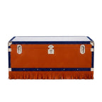Orange full-grain calf leather table trunk with blue nubuck trim and leather fringe - handmade Italian leather table trunk by Oberndörfer Milano