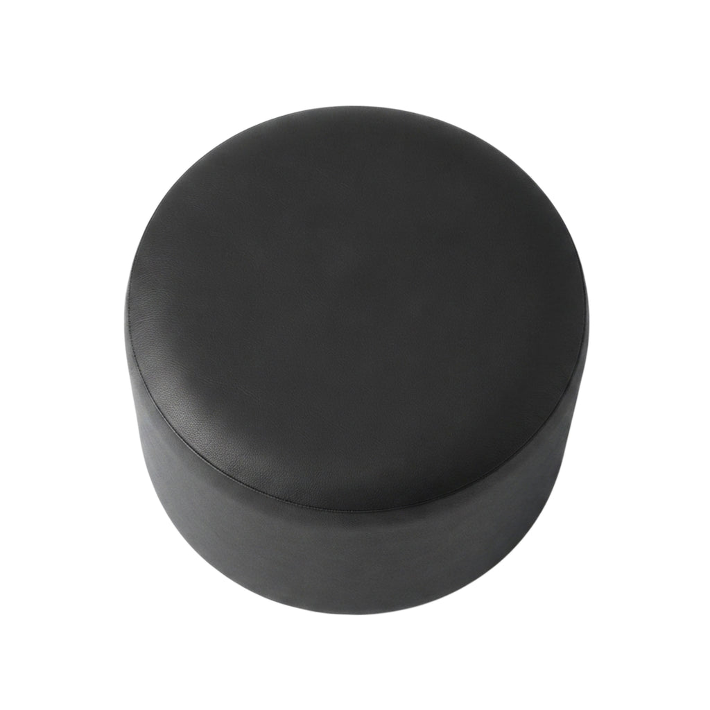 A round black upholstered ottoman or stool with a smooth matte finish, shown from a top-down perspective on a plain white background.