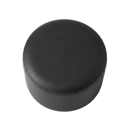 A round black upholstered ottoman or stool with a smooth matte finish, shown from a top-down perspective on a plain white background.