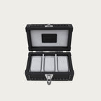 Open black Italian leather watch box showing Alcantara-lined interior
with 3 watch cushions