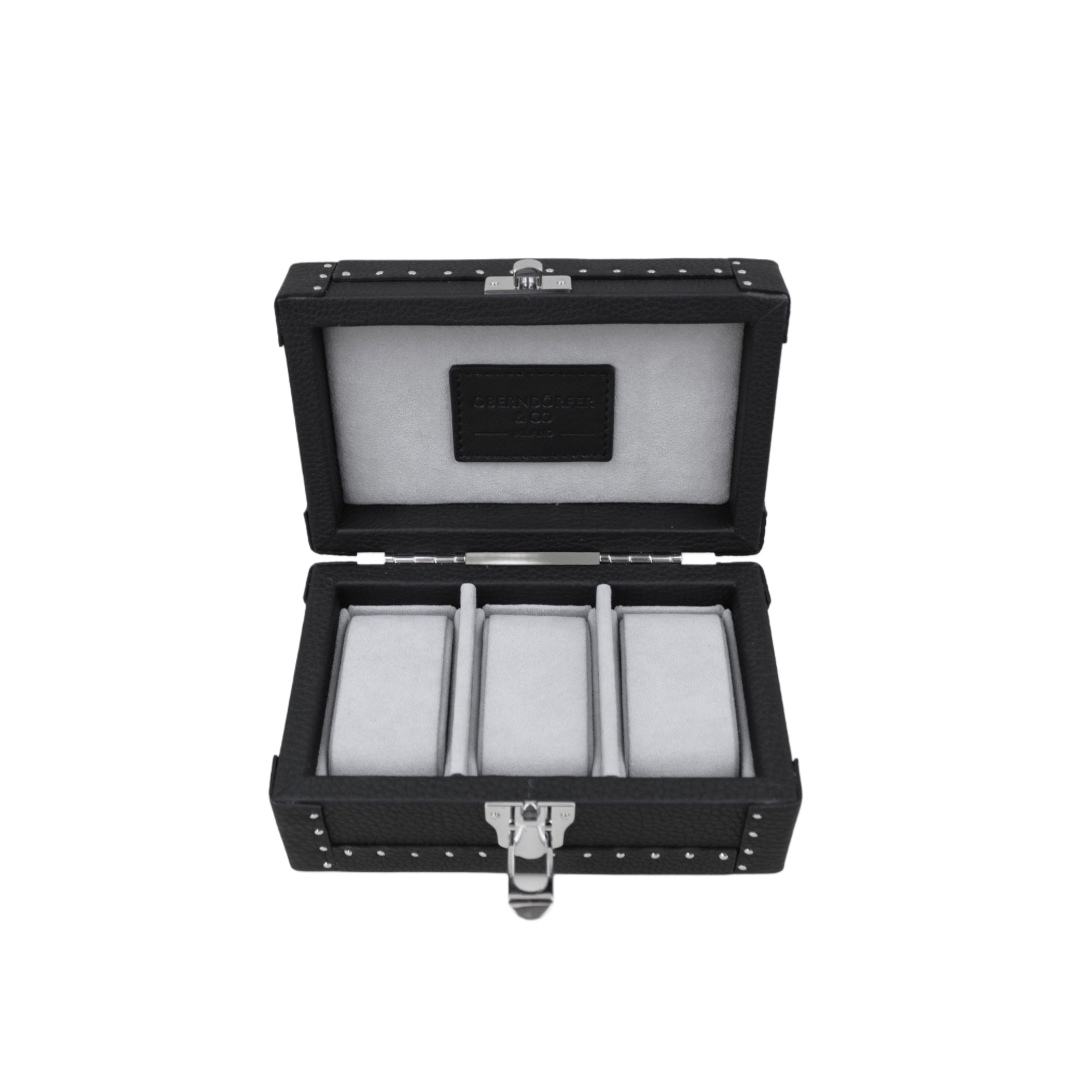 Open black Italian leather watch box showing Alcantara-lined interior
with 3 watch cushions