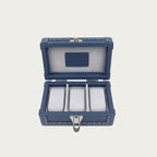 Open blue Italian leather watch box showing Alcantara-lined
interior with 3 watch cushions