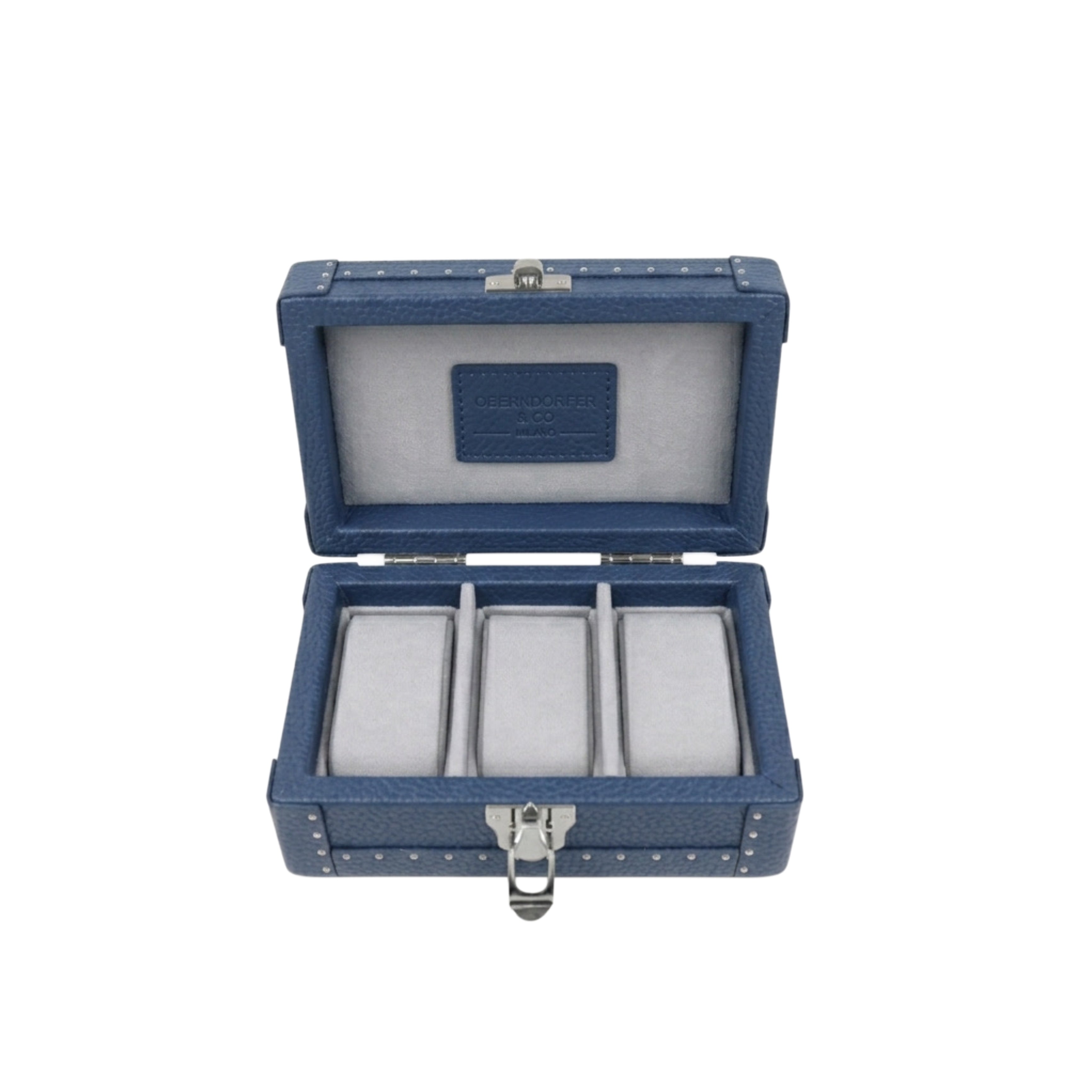 Open blue Italian leather watch box showing Alcantara-lined
interior with 3 watch cushions
