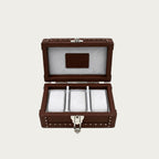 Open cognac leather watch box showing Alcantara-lined interior and
watch cushions - Oberndörfer