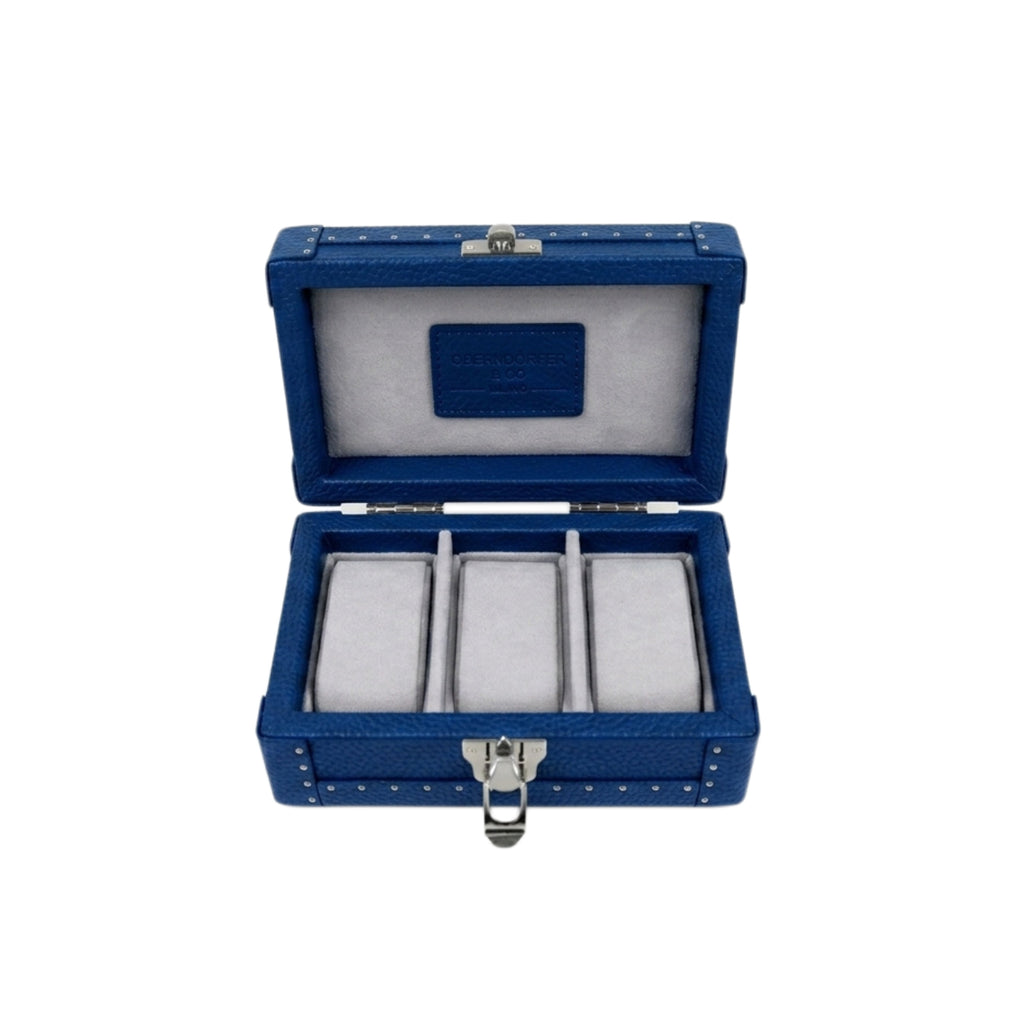 Open navy blue Italian leather watch box with Alcantara-lined interior - Oberndörfer luxury watch storage case