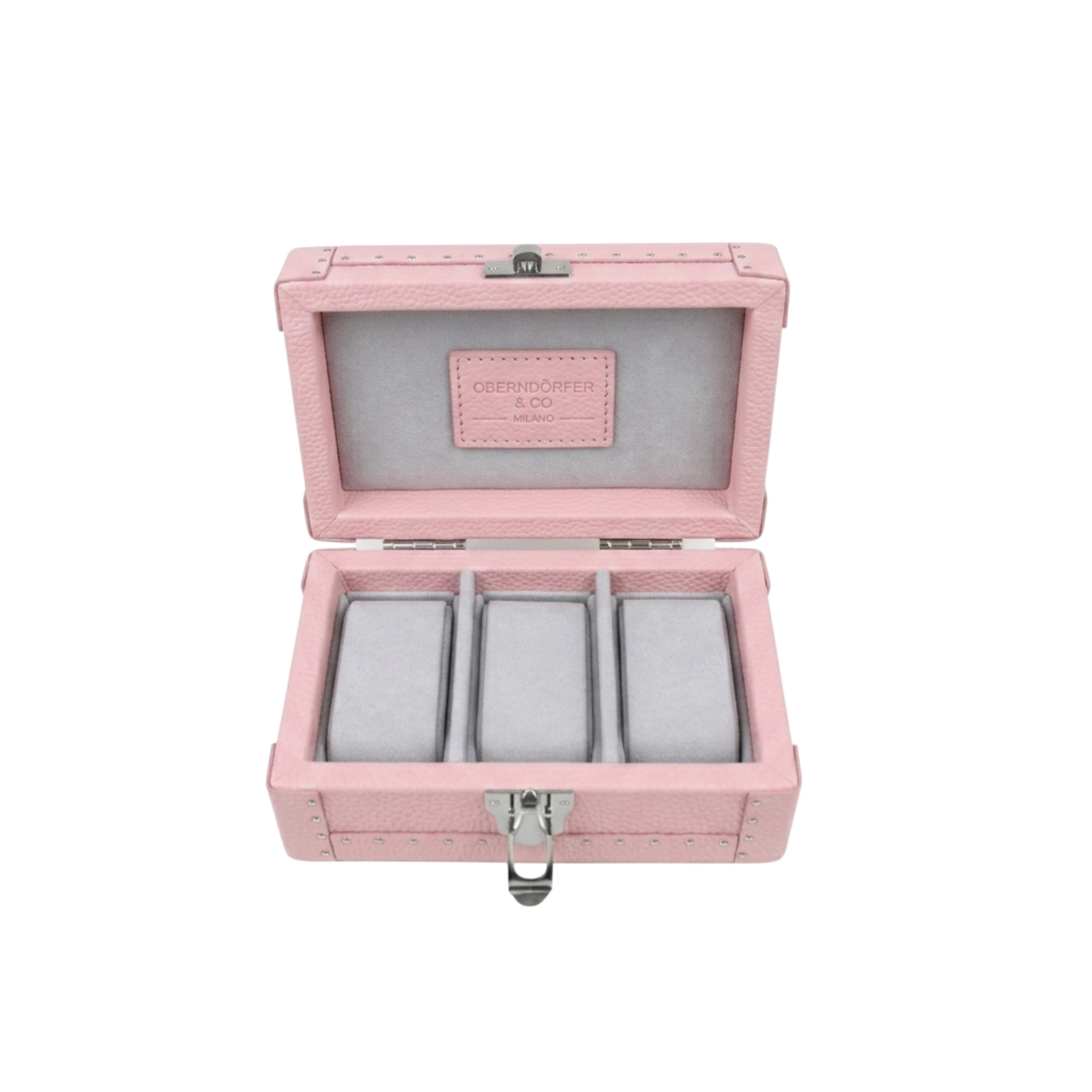 Open pink Italian leather watch box with Alcantara-lined interior - Oberndörfer